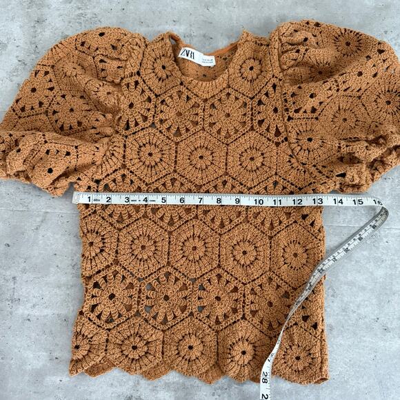Zara crochet knit top puffy sleeves burnt orange/brown color Womens size small - Picture 6 of 7